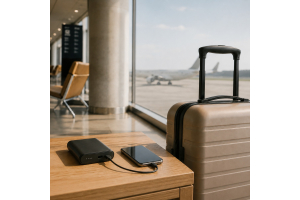 Powerbank och mobiltelefon packade i handbagage inför flygresa