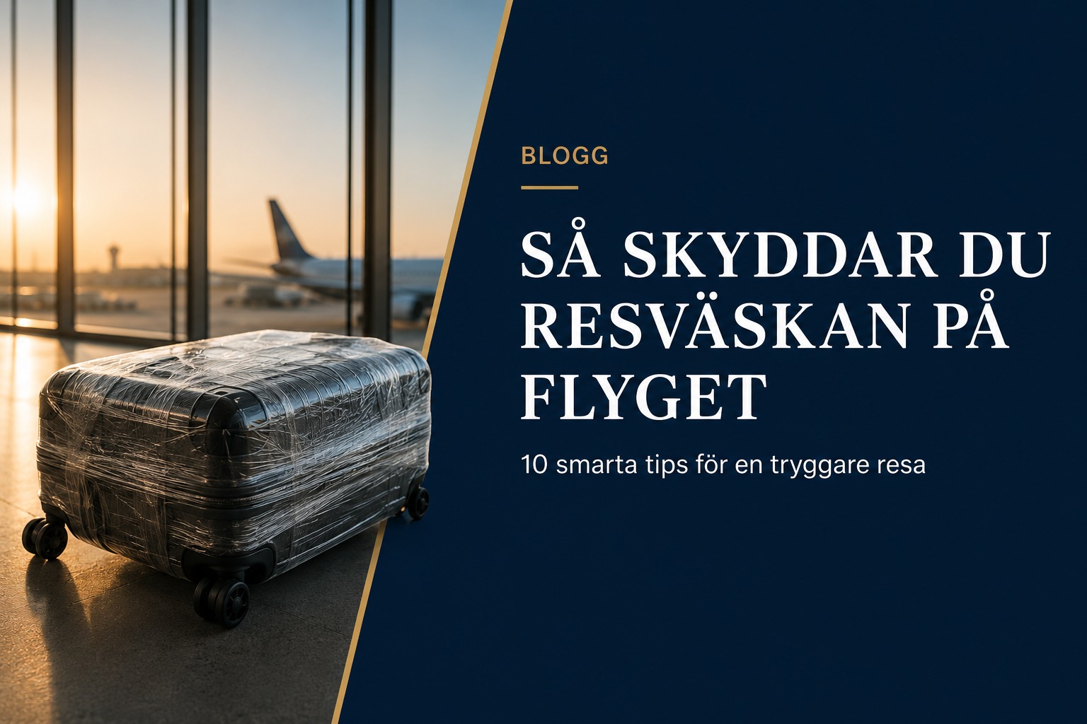 Inplastad resväska i flygplatsmiljö med råd om att skydda bagaget