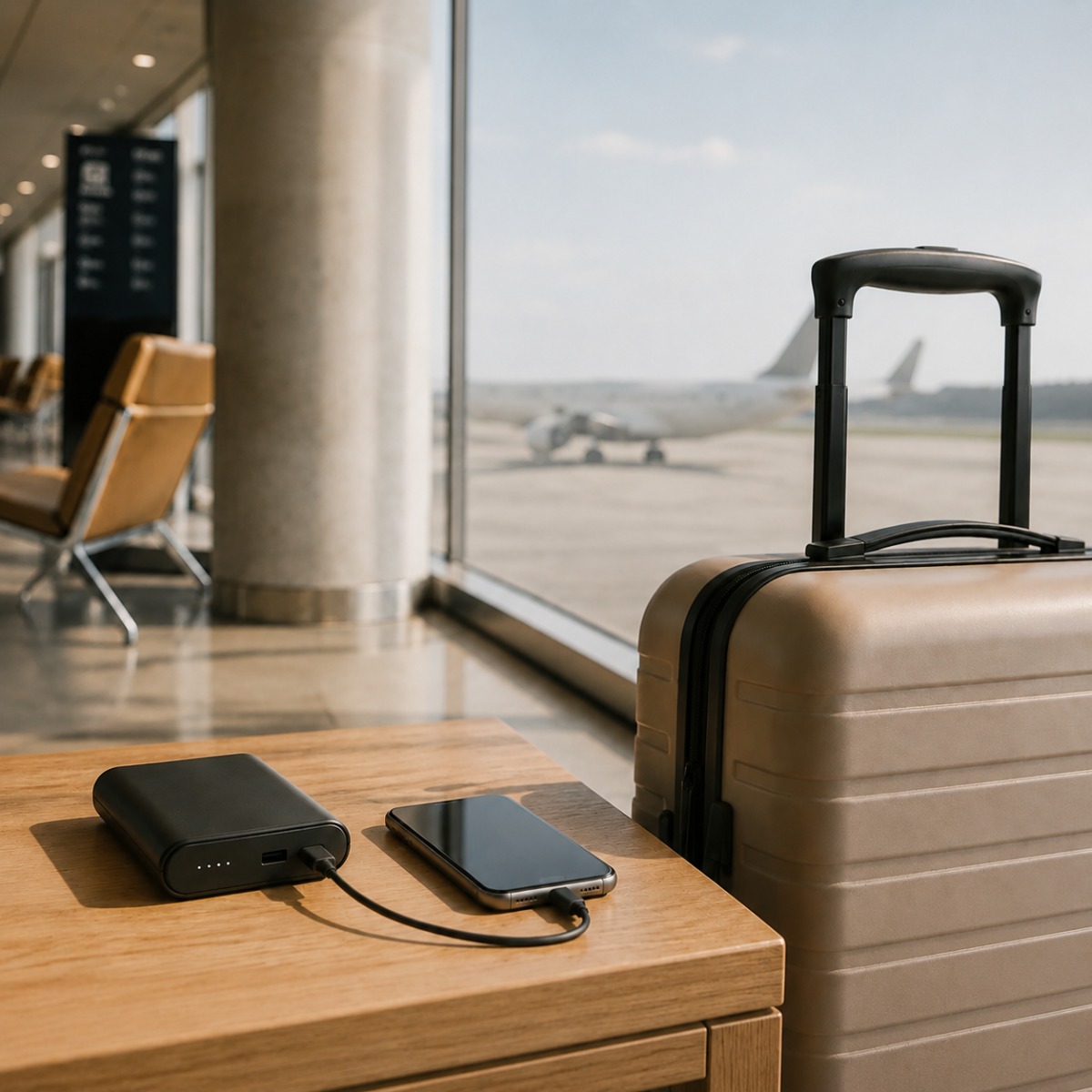 Powerbank och mobiltelefon packade i handbagage inför flygresa