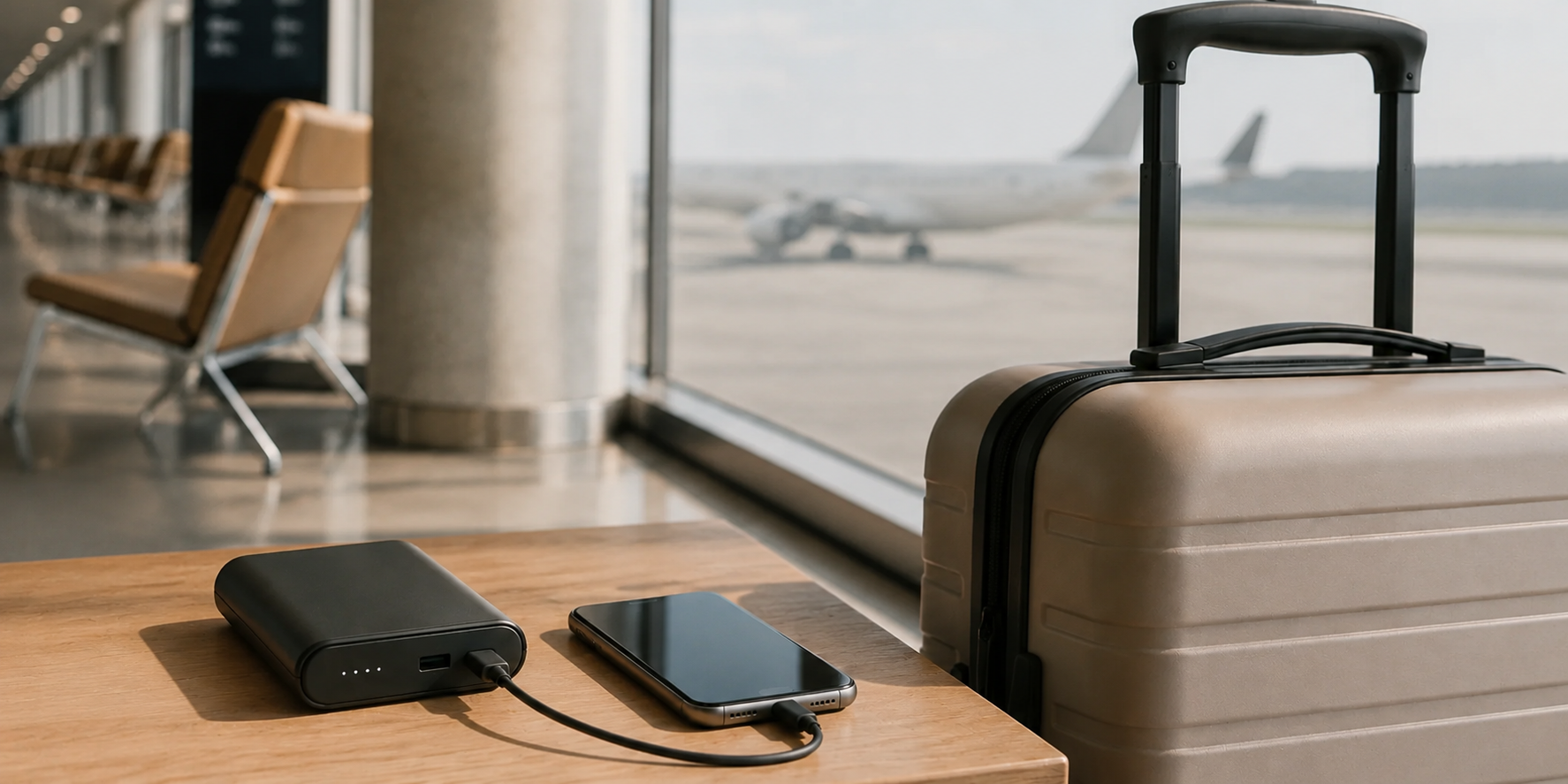 Powerbank och mobiltelefon bredvid en resväska inför en flygresa