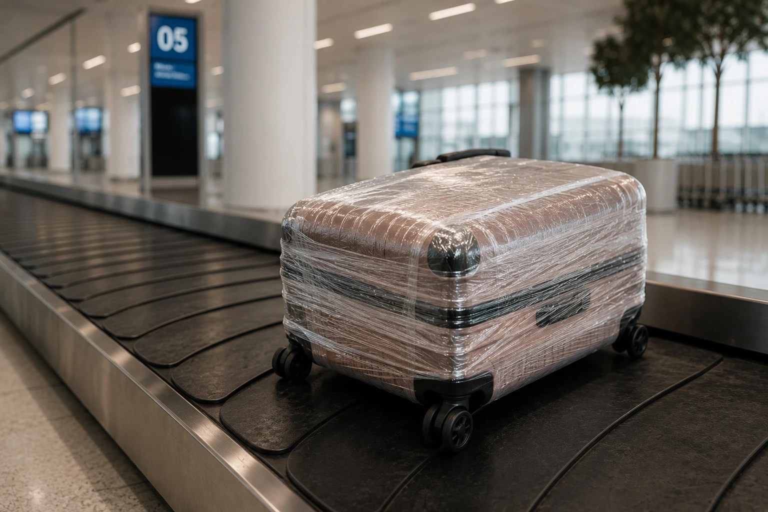 Resväska med bagagerem och adressetikett inför flygresa